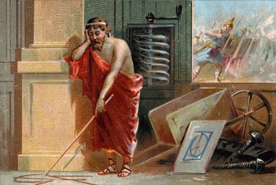 Archimedes van Syracuse (287-212 v.Chr.) tekent geometrische vormen op de grond, binnenkort gestopt door Romeinse soldaten op de achtergrond. In zijn werkplaats kan men zijn verschillende uitvindingen herkennen: de schroef en de kruiwagen. Chromolithografi door Unknown artist