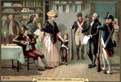 Arrestatie van de koninklijke familie (Louis XVI en Marie Antoinette met hun kinderen) in Varennes (22/06/1791). Chromolithografie uit de 19e eeuw. door Unknown artist