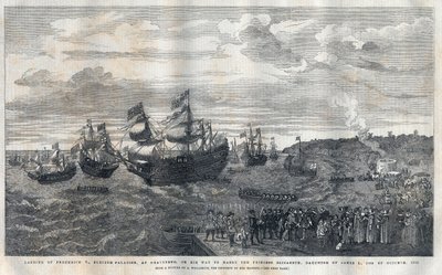 Aankomst van Frederik V van de Palts (1596-1632) in de haven van Gravesend om te trouwen met Prinses Elisabeth van Engeland (1596-1662), dochter van Koning James I (1566-1625) op 16 oktober 1612. Hij werd verwelkomd door James Hay (1e Graaf van Carlisle) ( door Unknown artist