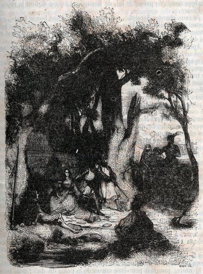 Aankomst van Rodomont en Mandricard bij de fontein van Merlin - gravure van 1851 uit 