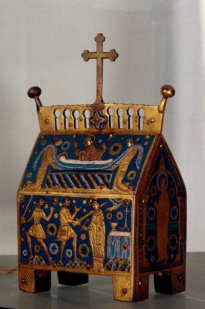 Kunstobject: relikwie in email, goud en koper van Sint Thomas Becket, aartsbisschop van Canterbury. Gedecoreerd met voorstellingen van de moord op de aartsbisschop in de kathedraal van Canterbury en zijn begrafenis. 13e eeuw door Unknown artist