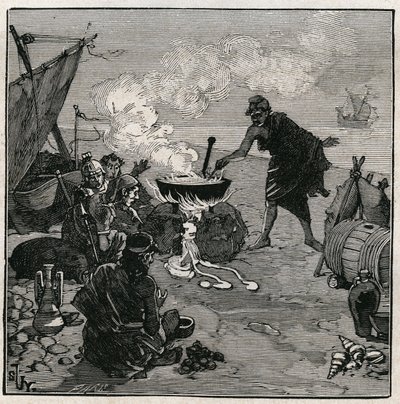 De kunst van glas: ontdekking van vitrificatie volgens Plinius de Oudere (23-79 AD). In de oudheid strandden handelaren op een strandvuur met Kali-planten tussen de brandstoffen. Deze planten leveren voldoende soda om glas te produceren door te mengen met  door Unknown artist