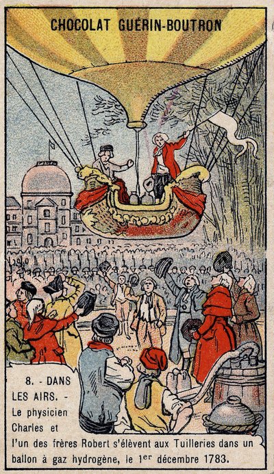 Ascensie in een waterstofgasballon van de Franse luchtvaart Charles en Robert le Jeune, gemaakt in Parijs, in de Tuilerieën Tuin. 1 december door Unknown artist