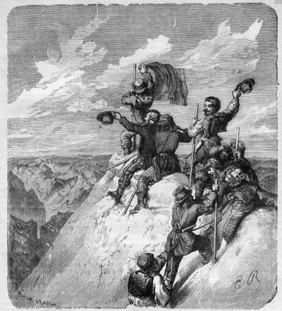 Beklimming van de Illimani (6.439 m) door Charles Wiener, Franse ontdekkingsreiziger en diplomaat, en zijn metgezellen - gravure in 