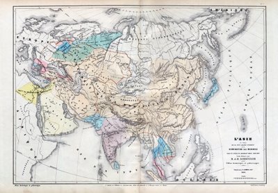 Azië ten tijde van de grootste omvang van de Mongoolse overheersing onder het bewind van Qubilai (Kubilai Khan) (1260-1294) - Kaart voorbereid door M J-H Schnitzler, Historisch en Pittoresk Atlas 1857 door Unknown artist