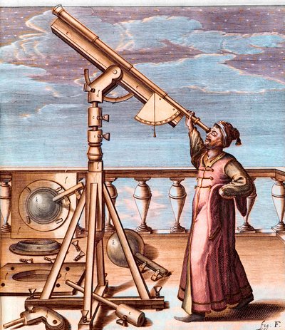 Astronoom observeert de hemel met een telescoop - uit: Johannes Hevelius (1611-1687), Selenographia, sive Lunae descriptio (Selenografie, of Een Beschrijving van de Maan) door Unknown artist