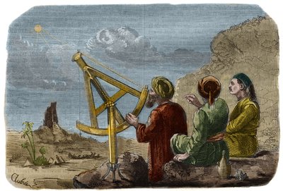Astronomie: Arabische wetenschappers meten de hoogte van de zon in de Vlakte van Babylon rond 825. Ze gebruiken een kwartcirkel met pinnules. Gravure uit 1857 in 