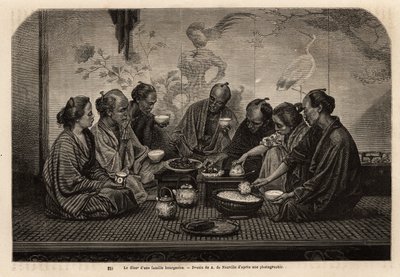 Bij het diner van een bourgeois familie, verzamelen mannen zich op een tatami, rond kleine koffietafels, eten rijst in een individuele kom en serveren vlees en groenten in een gemeenschappelijk gerecht, terwijl ze thee drinken, twee vrouwen verzorgen de be door Unknown artist
