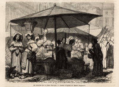Aan de voet van Piazza Navona, Rome (Italië). Gravure ter illustratie van de reis naar Rome, door Francis Wey, in 1864-1868, gepubliceerd in Le tour du monde, nouveau journal des voyages, onder redactie van Edouard Charton door Unknown artist