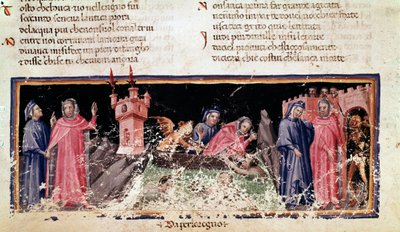 Links staan Dante en Virgil aan de oever van de rivier Styx, de sombere oever van Acheron. In het midden veert Charon Dante en Virgil over, die er erg verontrust uitzien (lied 3 uit de Hel, in de Goddelijke Komedie) - miniatuur door Unknown artist