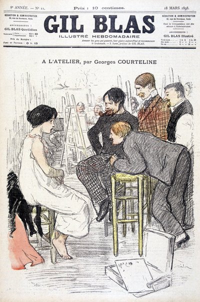 In het atelier door Georges Courteline. Man kijkt naar een vrouw die poseert in een atelier. In 