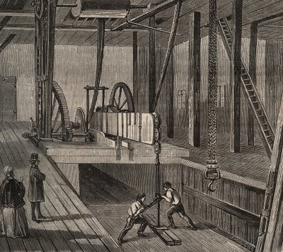Atelier voor het boren van de artesische bron van Passy. Gravure uit 1856 in 