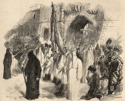 Boetedoeningstocht voor het stoppen van gele koorts in Lissabon, Portugal in 1857. Gravure in 