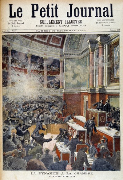 Aanslag in het Huis van Afgevaardigden. Explosie veroorzaakt door een bom geplaatst door de anarchist Auguste Vaillant (1861-1894). in 