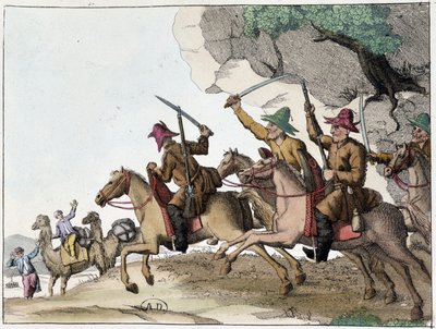 Aanval op kameelkaravaan door een groep Kirgiezen (Centraal-Aziatische Turkse mensen van Mongoolse oorsprong) te paard, begin 19e eeuw door Unknown artist