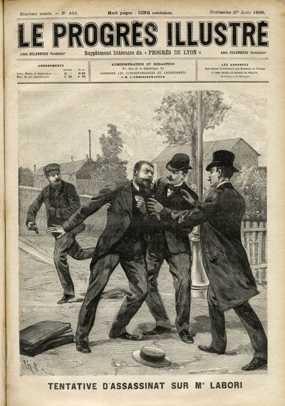 Aanval op Mr. Fernand Labori (1860-1917), advocaat in de verdediging van Alfred Dreyfus (1859-1935), geraakt door een kogel in de rug in Rennes terwijl hij op weg was naar de plaats waar de zaak werd berecht. Omslag van 
