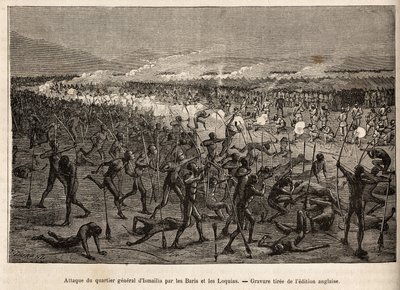 Aanval op het hoofdkwartier van Ismailia (Egypte), door een coalitie van baris en loquias met boog en pijl, de expeditie van Sir Baker slaat terug met geweren en drijft de aanvallers terug, gravure ter illustratie van een gewapende expeditie in Centraal-Af door Unknown artist