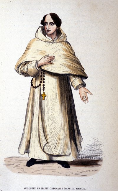 Augustinus in gewone kleding, religieus volgens de regels van Sint Augustinus. Gravure uit de 19e eeuw door Unknown artist