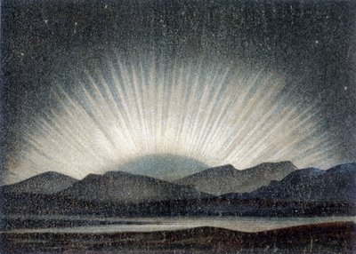 Aurora borealis van 6 augustus 1871, bestudeerd bij het Koninklijk Observatorium in Edinburgh om middernacht, bij maanopkomst - volgens J. Hann 