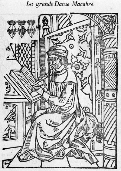 Auteur van de grote macabere dans schrijft door Unknown artist