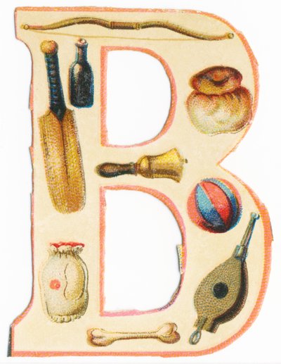 B: boog, honkbalknuppel, fles, brioche, bel, ballon, bot, tas, blaasbalg door Unknown artist