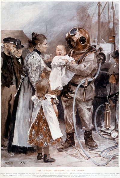 Baby huilt in de armen van zijn vader, een duiker door Unknown artist