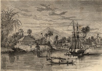 Bangalow, huis van Sir James Brooke, bekend als de Rajah van Sarawak (1803-1868) Britse avonturier eerste witte radja van Sarawak in de buurt van Sarawak (Borneo). Gravure in 