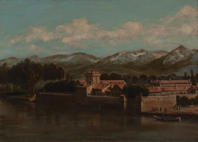 Oevers van de Isère in Grenoble, bergzicht 1864 door Unknown artist