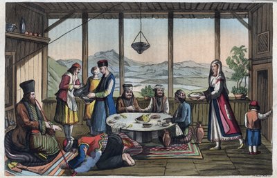Banketscène in Griekenland in de 19e eeuw - gravure uit 