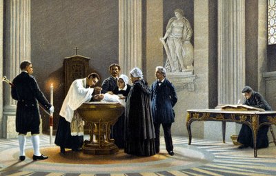 Doop van een baby in een kerk. Chromolithografie 19e eeuw door Unknown artist
