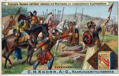 Barbaarse invasies - Tijdens de inspectie van de troepen ontvangt hertogin Hadwig de naderende monniken op de achtergrond. door Unknown artist