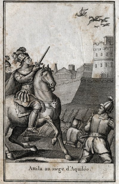 Barbaarse invasies - Attila (ca. 406-453), koning van de Hunnen, tijdens het beleg van Aquilea in Italië, 452. Gravure in 