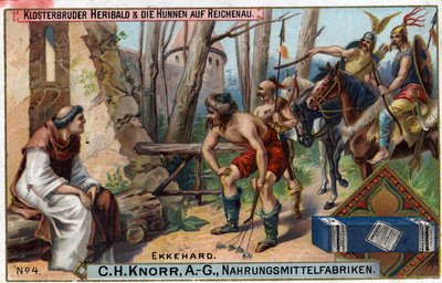Barbaarse invasies - Ekkehard IV van St. Gallen (980-1057) geleerde en Latijnse dichter. De broeder Heribald en de Hunnen bij de Reichenau. Op het eiland Reichenau bleef alleen broeder Heribald, een eenvoudige monnik, achter. door Unknown artist