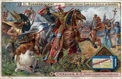 Barbaarse invasies - Geschiedenis van Ekkehard IV van St. Gallen of Eckhard, Eckhart (980 -1057) geleerde en Latijnse dichter. Slag van de Hunnen. Een bijzondere strijd tussen Ellak en de oudste van de Heidenhohle. door Unknown artist