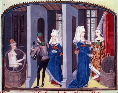 Badhuis scène. Een voyeur bespiedt door een gat in de muur een naakte vrouw die haar toilet maakt. De personages zijn graaf Lisiard de Forez en de jonge vrouw Euriant (Euriant, Euriante) die haar toilet maakt. Lisiard ontdekt de vioolvormige vlek op Eurian door Unknown artist