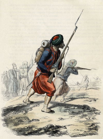 Bataljon van Zouaven van het Franse leger, bestaande uit inboorlingen, gevormd door Generaal Clausel in 1830 voor de expeditie van het Atlasgebergte naar Algerije, in 