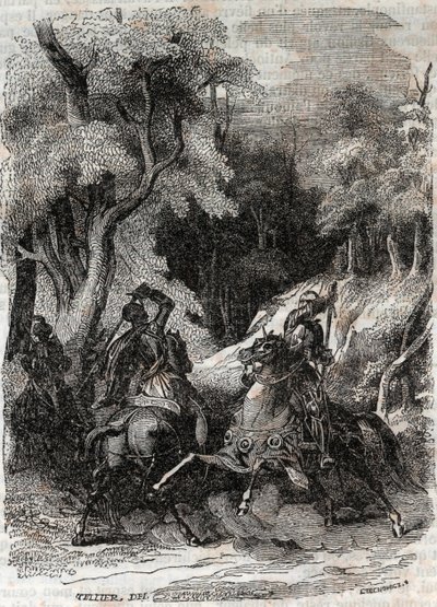 Slag tussen Roland en Ferragus - gravure van 1851 uit 