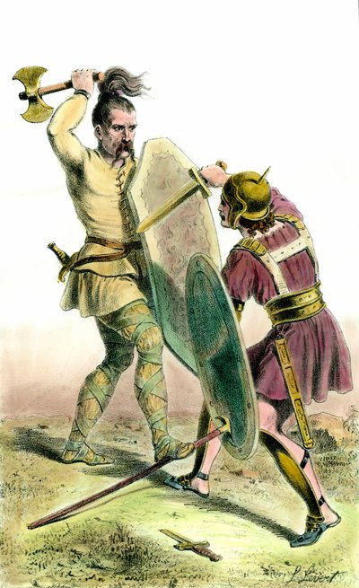 Slag tussen een Frankische soldaat en een Romeinse soldaat door Unknown artist