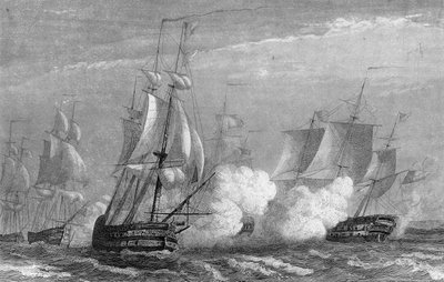 Zeeslag bij Ouessant in de 18e eeuw tussen de Fransen en de Engelsen in 1778. in "Algemene Geschiedenis van de Marine" door Van Tenac door Unknown artist
