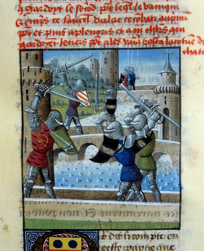 Slag van ridders Palamede en Artus. Miniatuur in “Roman Du Grail” door Unknown artist