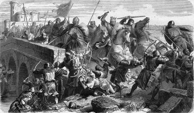 Slag bij Taillebourg in 1242, tussen de Capetingische troepen van de Franse koning Lodewijk IX en zijn broer de graaf van Poitiers Alphonse tegen die van hun opstandige vazallen, Hendrik III van Engeland en Hugues X van Lusignan door Unknown artist