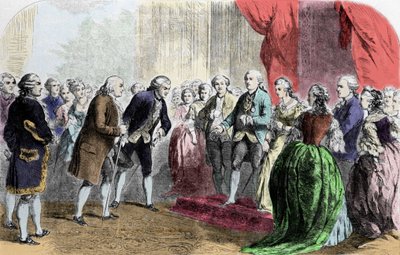 Benjamin Franklin (1706-1790), filosoof, natuurkundige en Amerikaanse ambassadeur ontvangen door de koning van Frankrijk Lodewijk XVI, 6 februari door Unknown artist