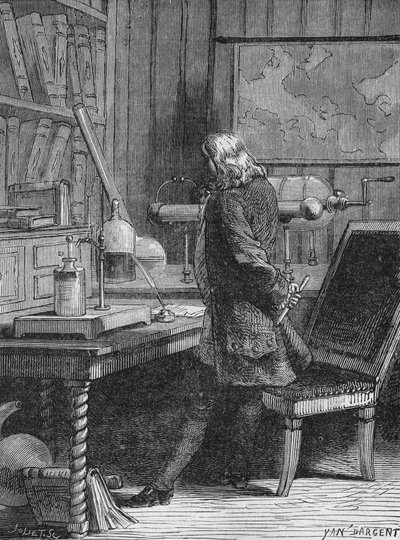 Benjamin Franklin in zijn natuurkundelaboratorium in Philadelphia. In 