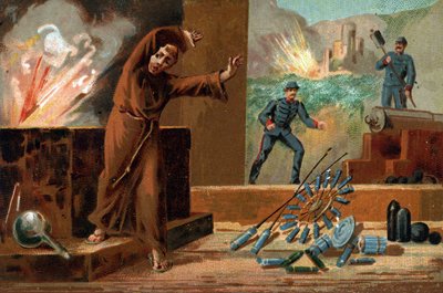 Berthold Schwartz (circa 1318-circa 1384), Duitse chemicus, uitvinder van buskruit en Franciscaner monnik. Chromolithografie van de 19e eeuw door Unknown artist