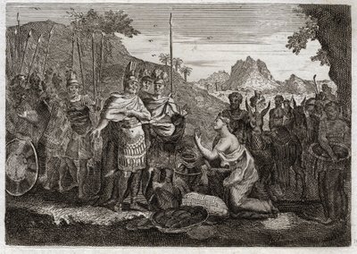Bijbel van Royaumont, Oude Testament: Abigail. Abigail, de vrouw van Nabal, kalmeert Davids woede met haar wijsheid. Illustratie uit 1811. door Unknown artist