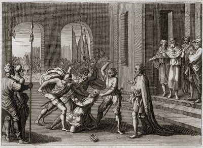 Bijbel van Royaumont, Oude Testament: Agag gespaard. Saul spaarde, tegen Gods bevel in, Agag, koning van de Amalekieten. God toont zijn woede door Samuel, die Sauls fout herstelde door Agag te doden. Illustratie uit 1811. door Unknown artist