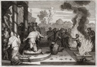 Bijbel van Royaumont, Oude Testament: Ahaz Onheilige Koning. De slechte Ahaz, koning van Juda, irriteert God en wordt aan de vijanden overgeleverd. Illustratie uit 1811. door Unknown artist