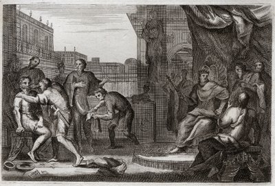 Bijbel van Royaumont, Oude Testament: Ambassadeurs van David. David stuurde Joab tegen de Ammonieten om wraak te nemen voor de belediging die Hanon, hun prins, zijn ambassadeurs had aangedaan, die hij voor spionnen had aangezien. Illustratie uit 1811. door Unknown artist