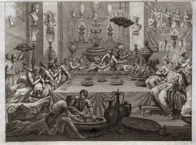 Bijbel van Royaumont, Oude Testament: Balthazar veroordeelt. Koning Balthazar (Belshatsar) ziet aan tafel een hand die in drie woorden het einde van zijn vonnis schrijft. Illustratie uit 1811. door Unknown artist