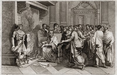 Bijbel van Royaumont, Oude Testament: Baruch profeet. Koning Jojakim (Joachim, Joachin, Jechonias) snijdt de rol met de profetieën van Jeremia, opgeschreven door zijn leerling Baruch (Baruch ben Neria), in stukken en gooit deze in het vuur. Illustratie uit door Unknown artist